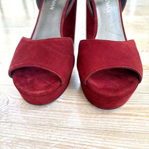 Stuart Weitzman Hijinx Platform Suede Peep Toe Heels | Deep Red Size 9 - Picture 6 of 11